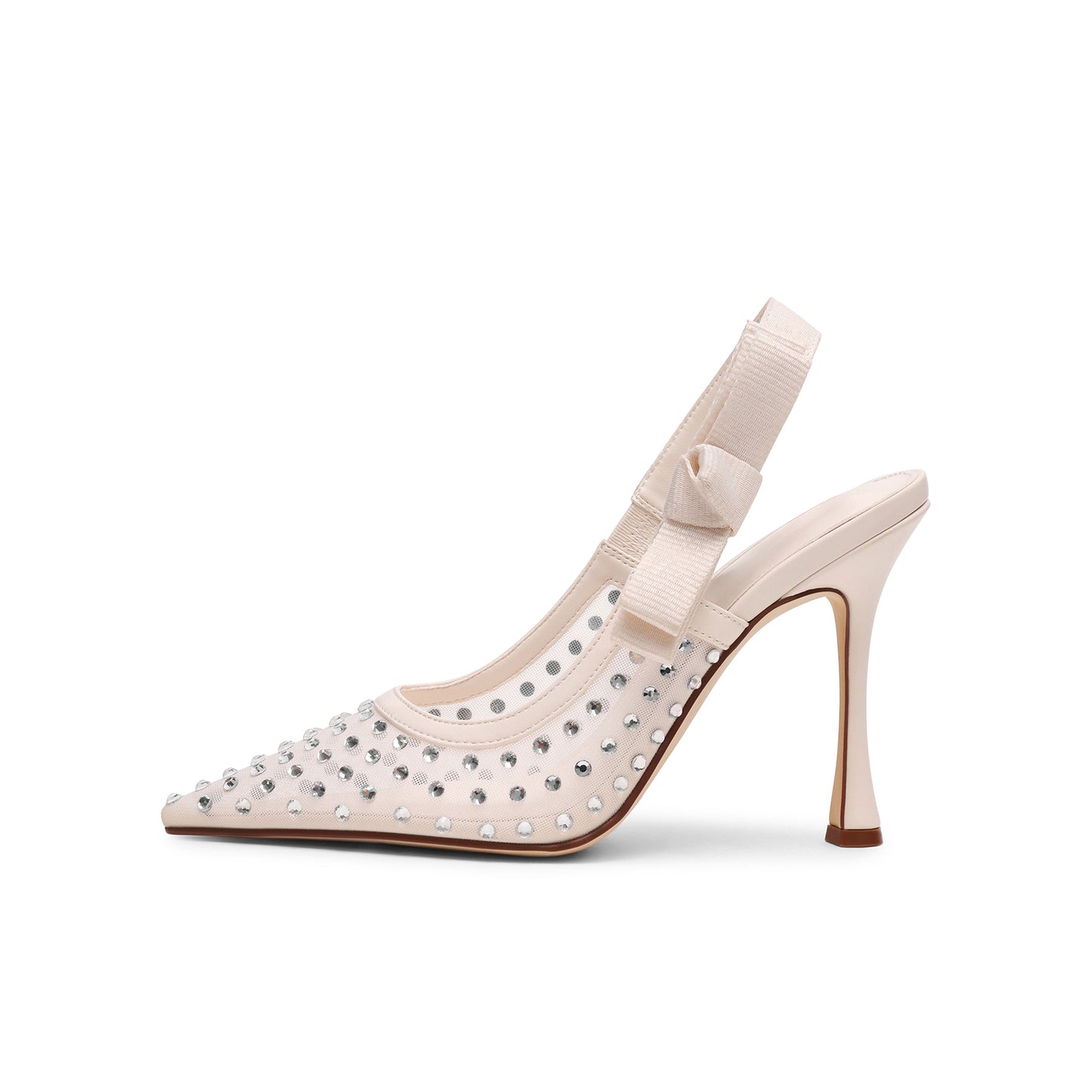 Ivory Mesh Rhinestones Pointed-Toe Slingback With Bow High Heels Pumps
