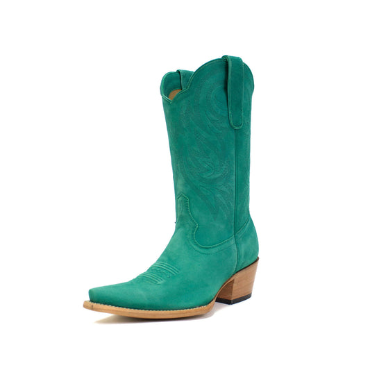 Green Faux Suede Snip-Toe Western Embroidery Mid Calf Cowgirl Boots