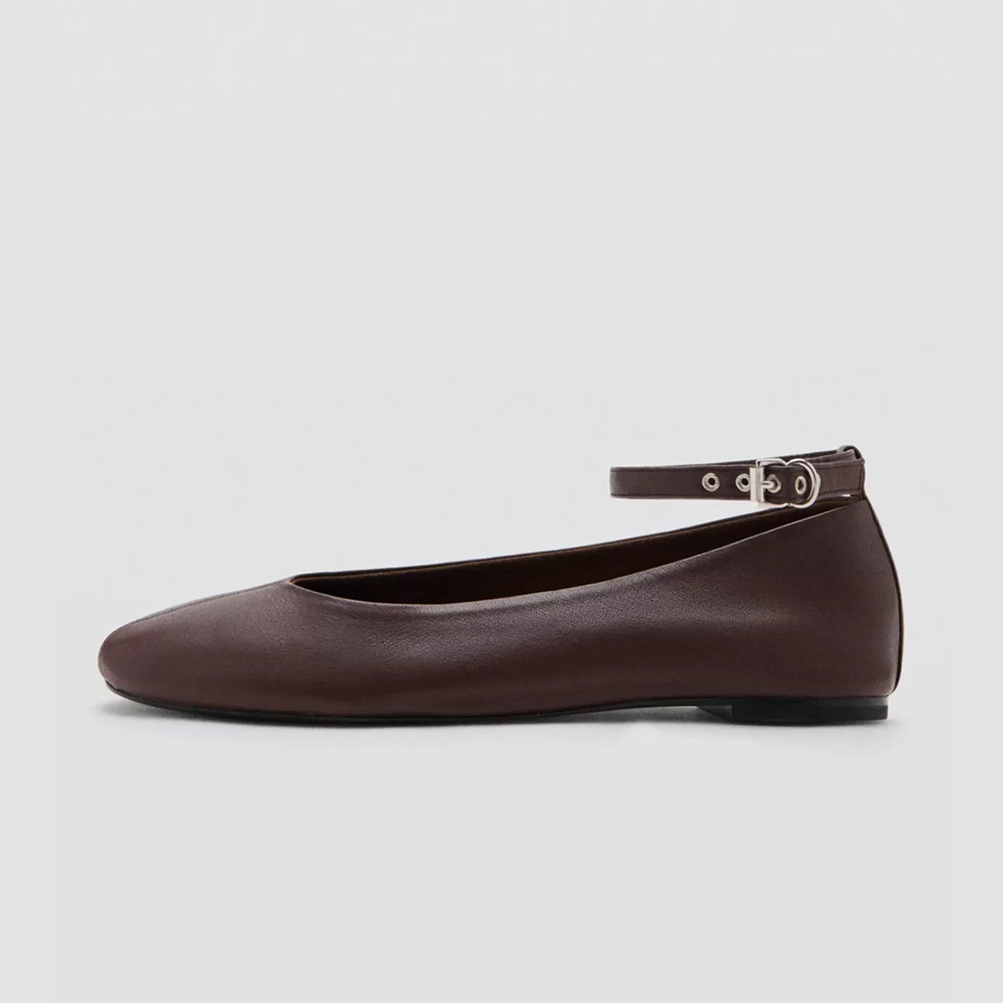 Chocolate Round-Toe Slip-On Buckle Ankle Strap Ballet Flats