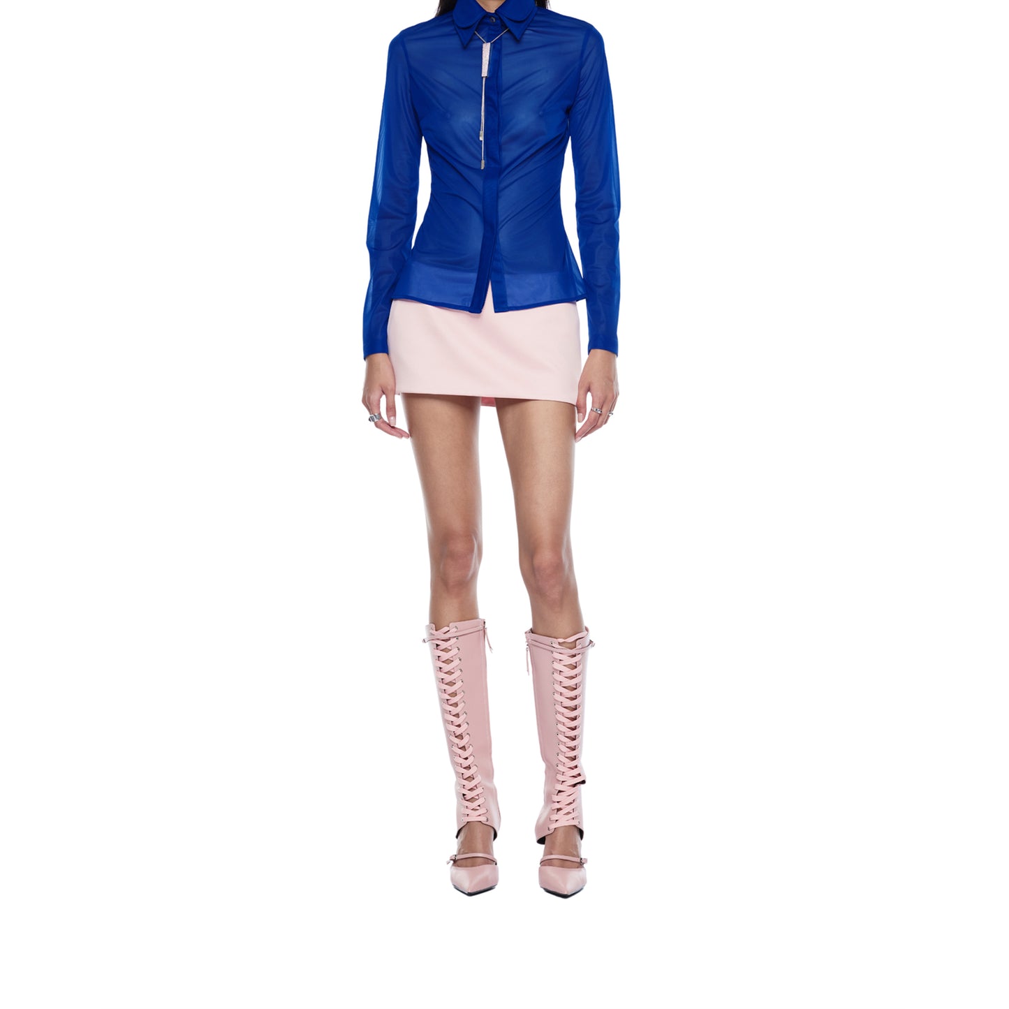 Pink Pointed-Toe Front Lace-Up Full-Zip Knee High Stiletto Boots