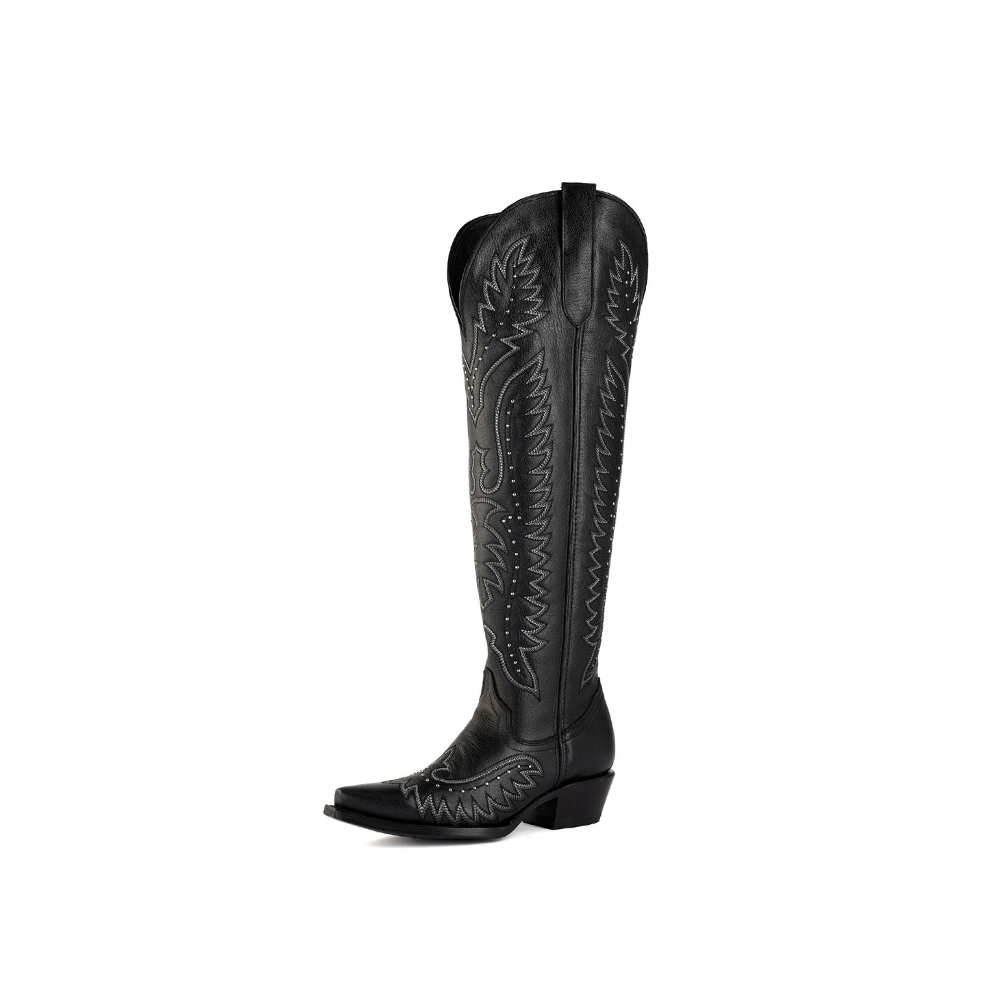 Black Snip-Toe Wings Embroidery Studded Half-Zip Knee High Cowgirl Boots