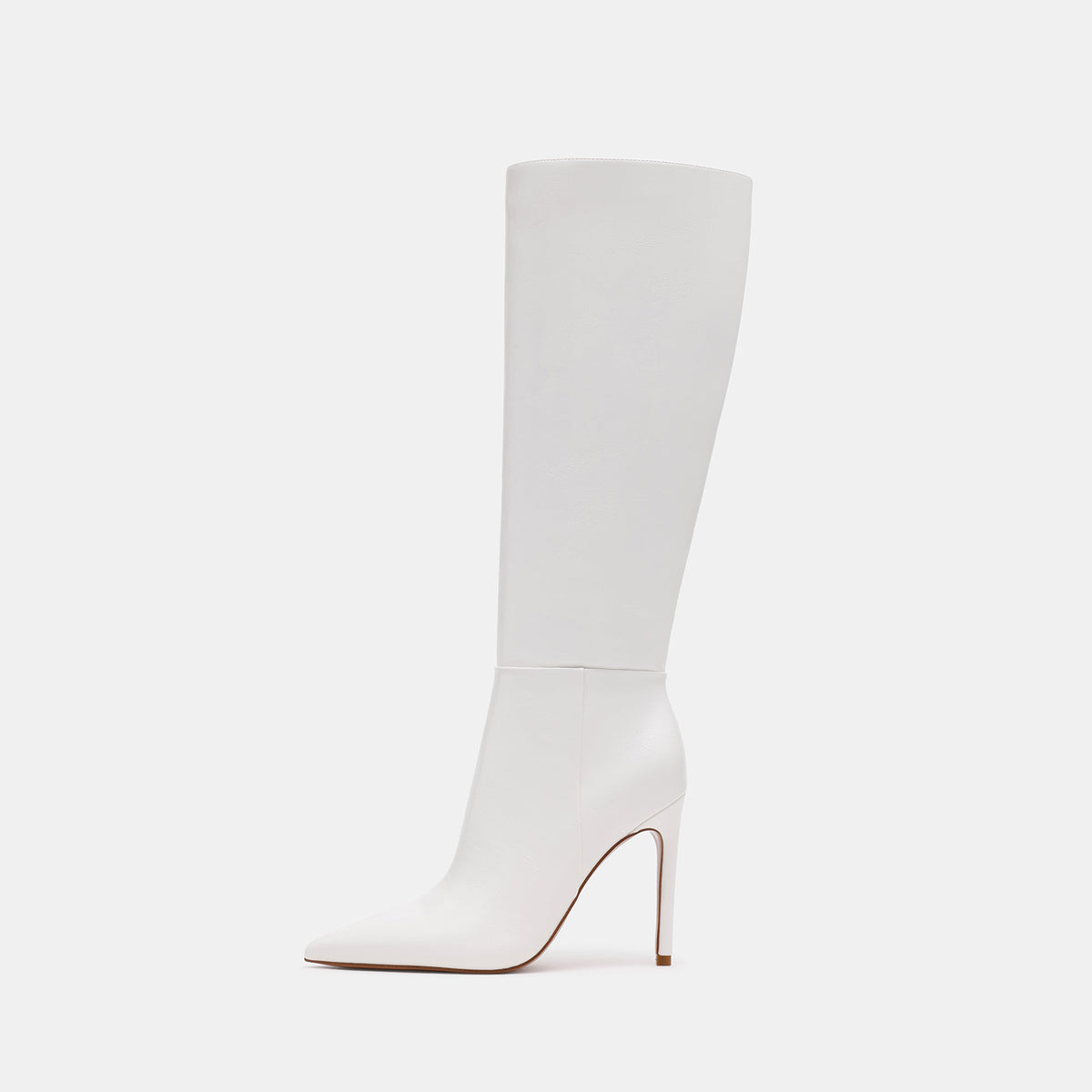 White Vegan Leather Pointed-Toe Simple Half-Zip Knee High Stiletto Boots