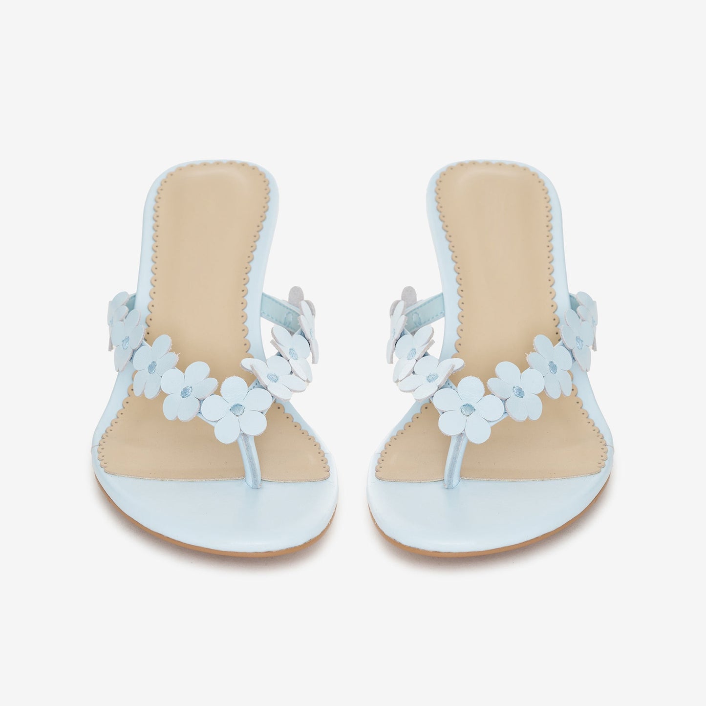 Sky Blue Square-Toe Floral Applique Flip-Flop Chic Kitten Heels