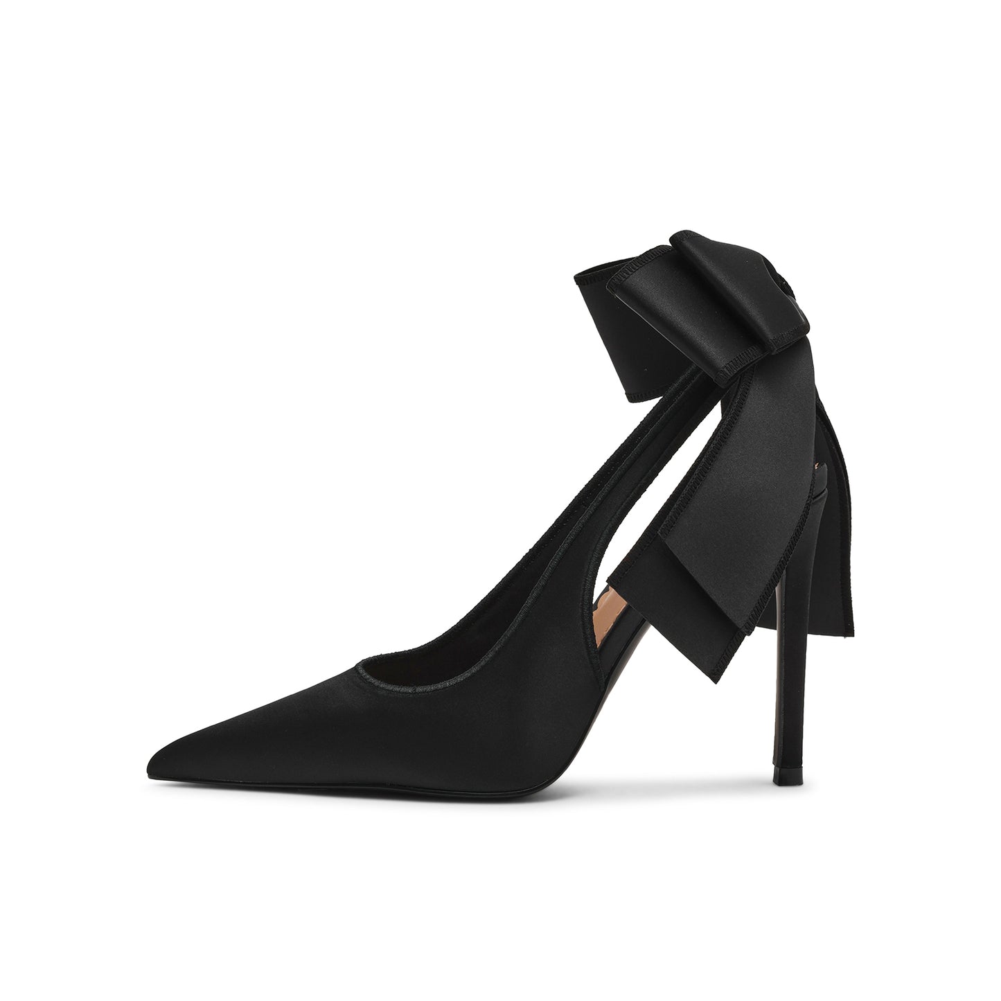 Black Satin Pointed-Toe Slingback High Heels Pumps With Big Back Bow