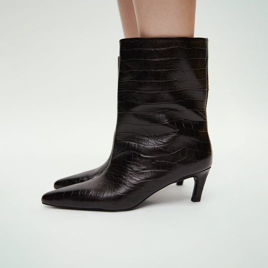 Dark Brown Stone Print Pointed-Toe Ankle Simple Stiletto Boots