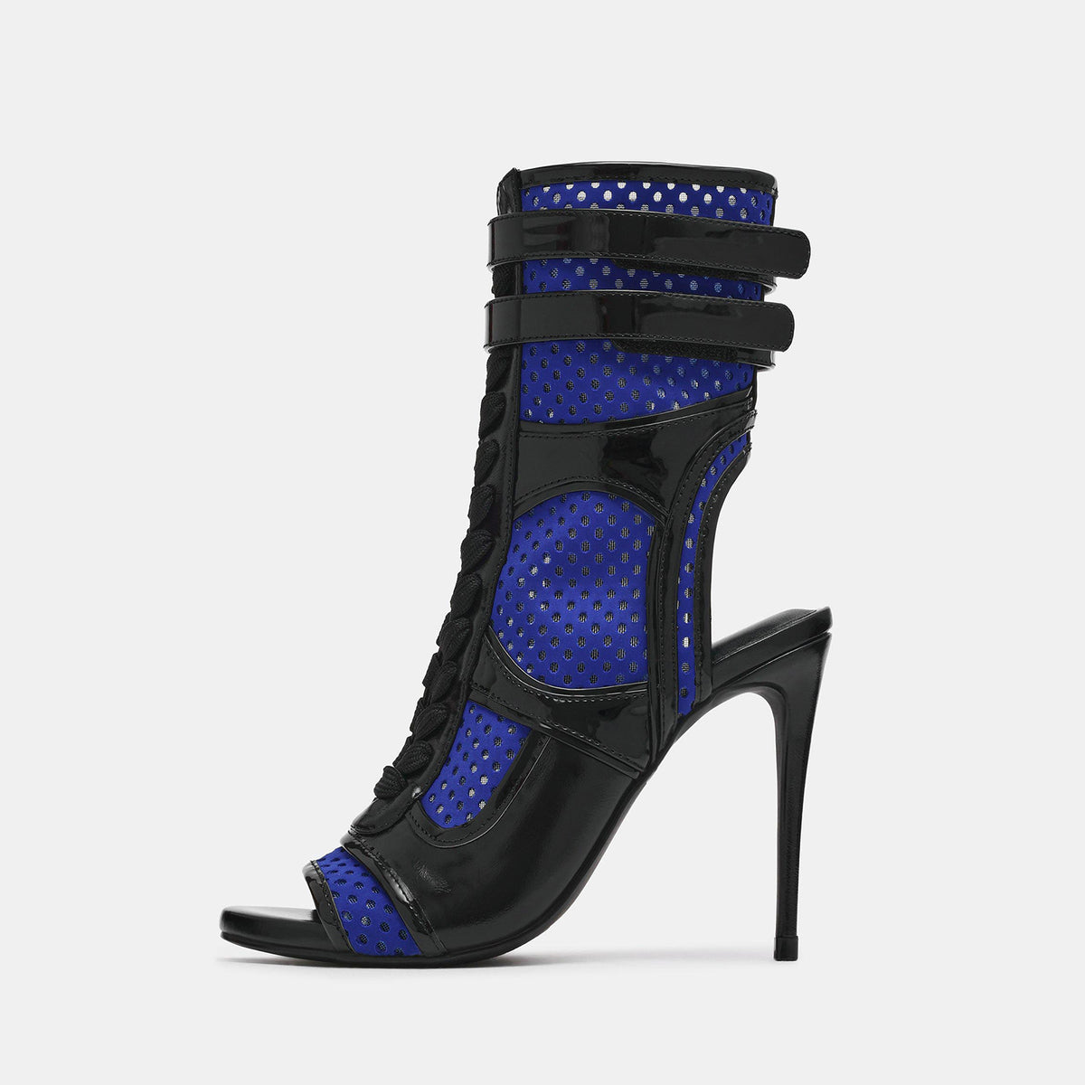 Black Vegan Leather And Blue Mesh Peep Round-Toe Front Lace-Up Strappy Side Full-Zip Stiletto Shoes