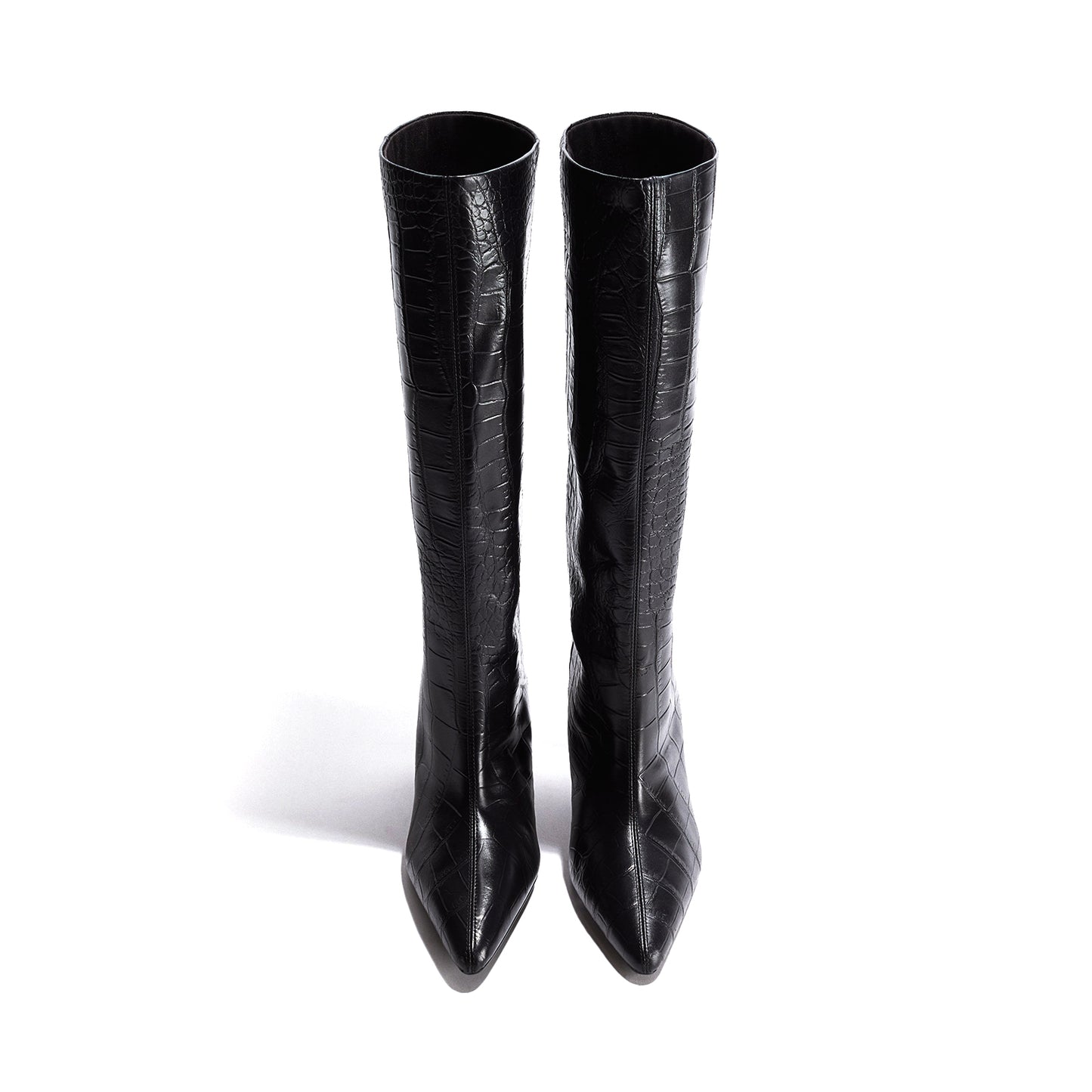 Black Crocodile Pattern Pointed-Toe Sleek Wide Calf Knee High Stiletto Boots