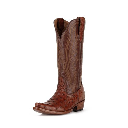 Brandy Contrast Vegan Leather And Ostrich Print Snip-Toe Embroidery Mid Calf Cowgirl Boots