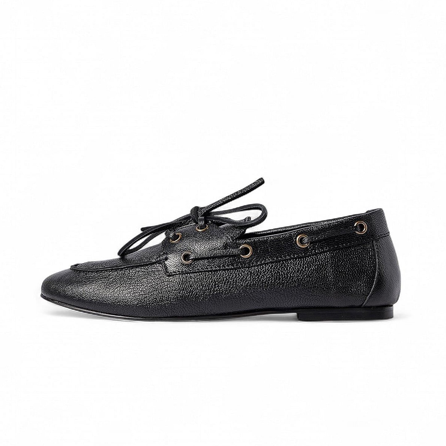 Black Round-Toe Lace-Up Slip-On Flats Boat Shoes