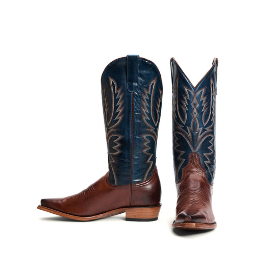Contrast Navy And Brown Snip-Toe Embroidery Mid Calf Cowgirl Boots