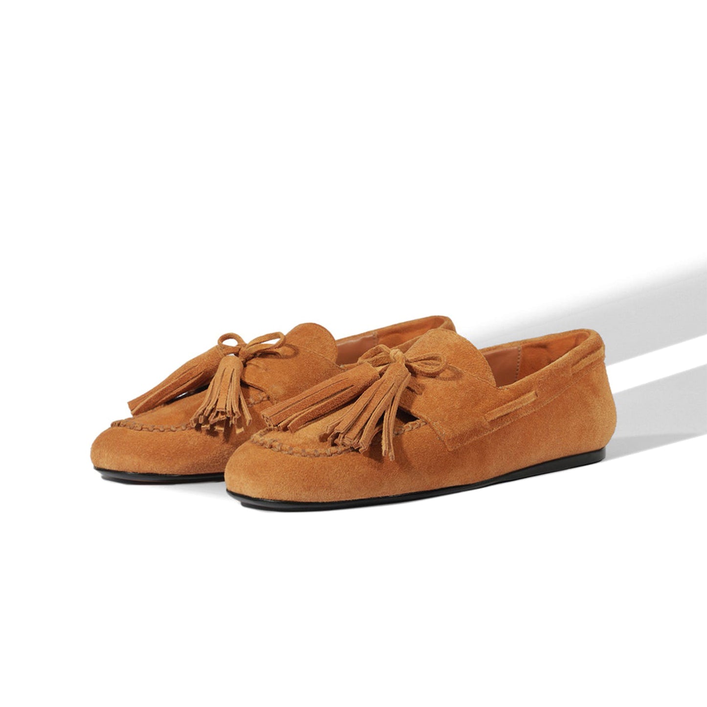 Caramel Faux Suede Square-Toe Front Bow With Fringe Slip-On Flats