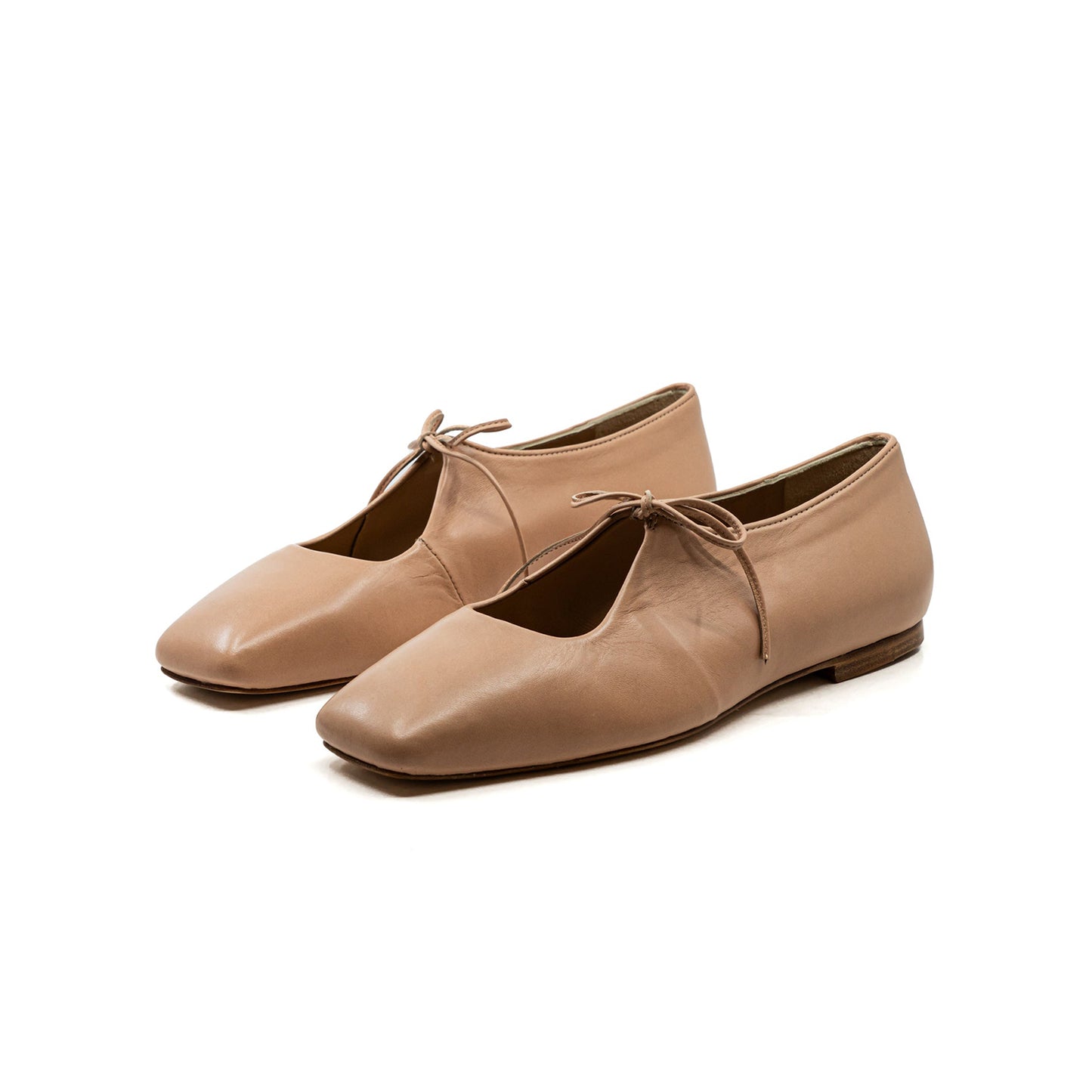 Peach Vegan Leather Square-Toe Vamp Strap With Bow Ballet Flats