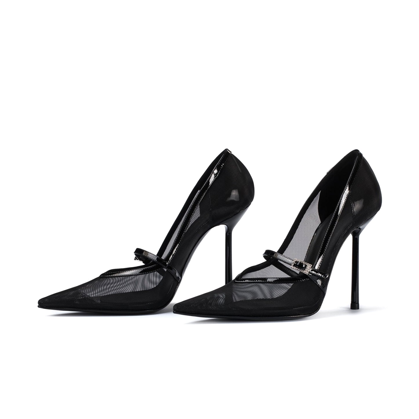 Black Mesh Pointed-Toe Patent Bridge Strap High Heels