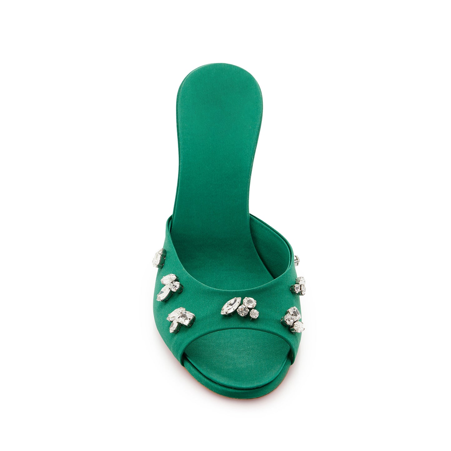 Green Satin Peep Round-Toe Front Crystals Slip-On Backless High Heels