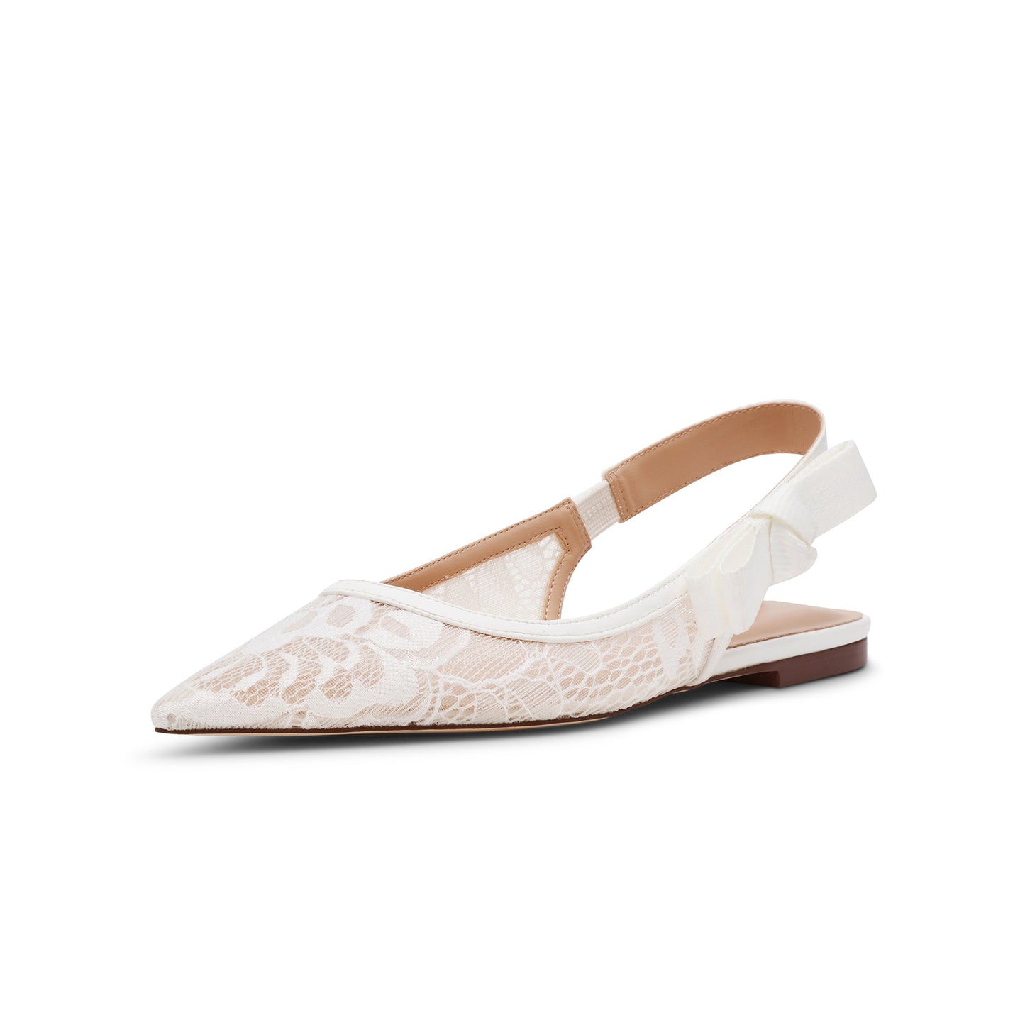 White Lace Mesh Pointed-Toe Slingback With Bow Flats
