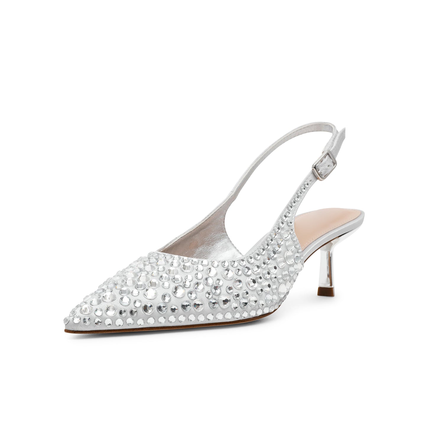 Silver Satin Full Crystals Pointed-Toe Classic Slingback Kitten Heels
