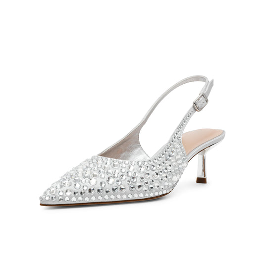 Silver Satin Full Crystals Pointed-Toe Classic Slingback Kitten Heels