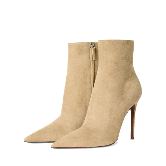 Sand Faux Suede Pointed-Toe Classic Full-Zip Chic Ankle Stiletto Boots