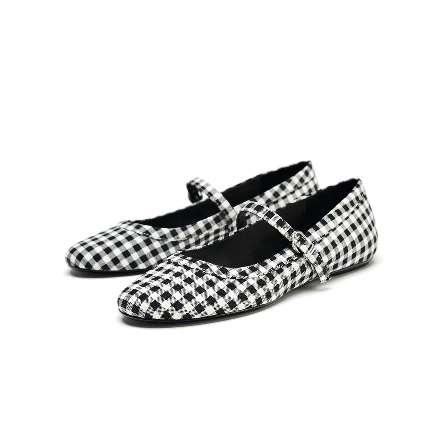 Plaids Round-Toe Buckle Mary Jane Ballet Flats