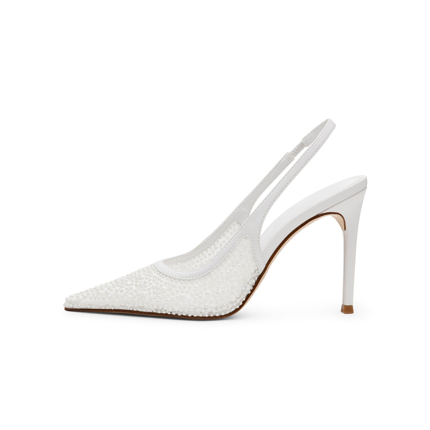 White Mesh Pointed-Toe Full Pearls And Slingback High Heels