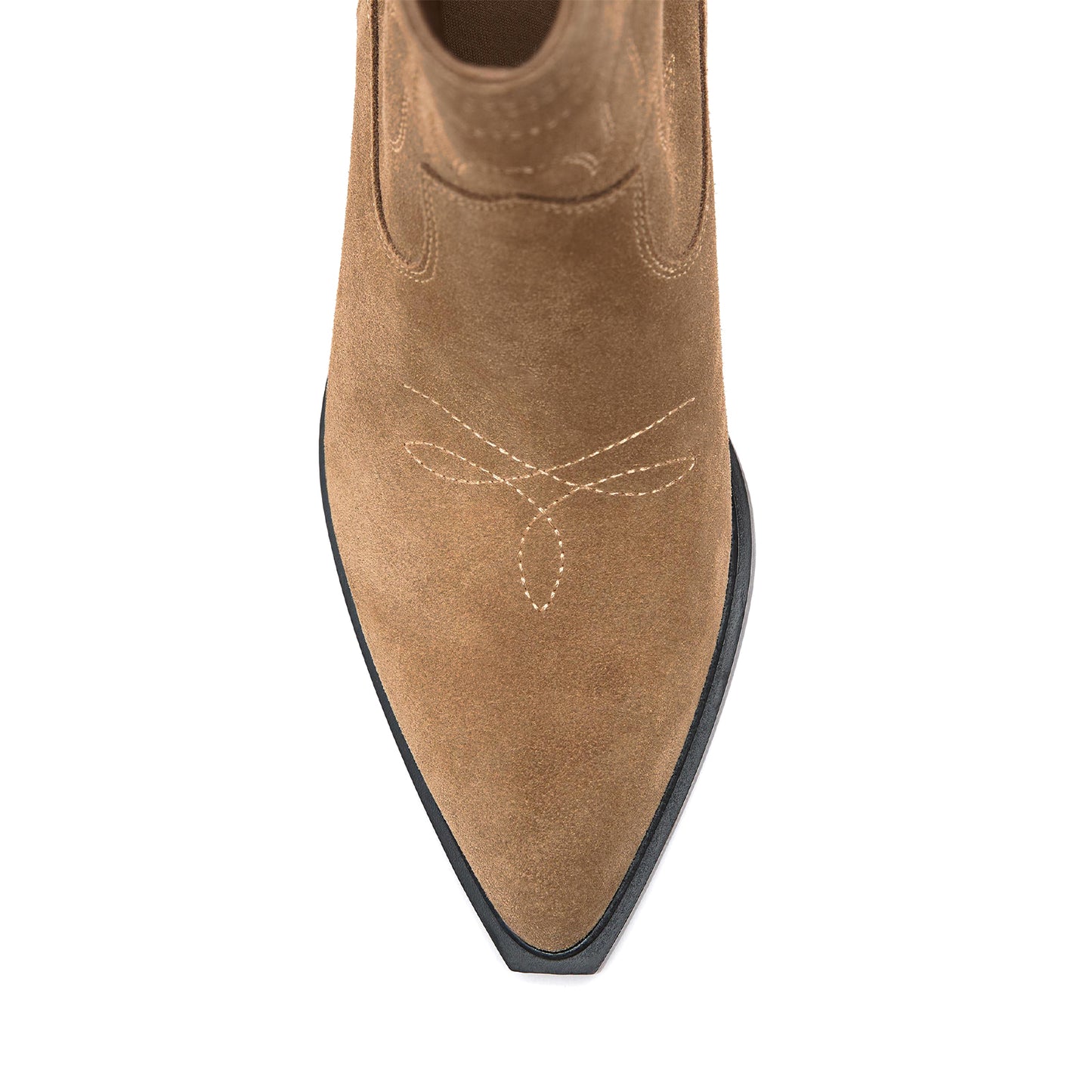 Camel Faux Suede Almond-Toe Embroidery Detail Ankle Cowgirl Boots