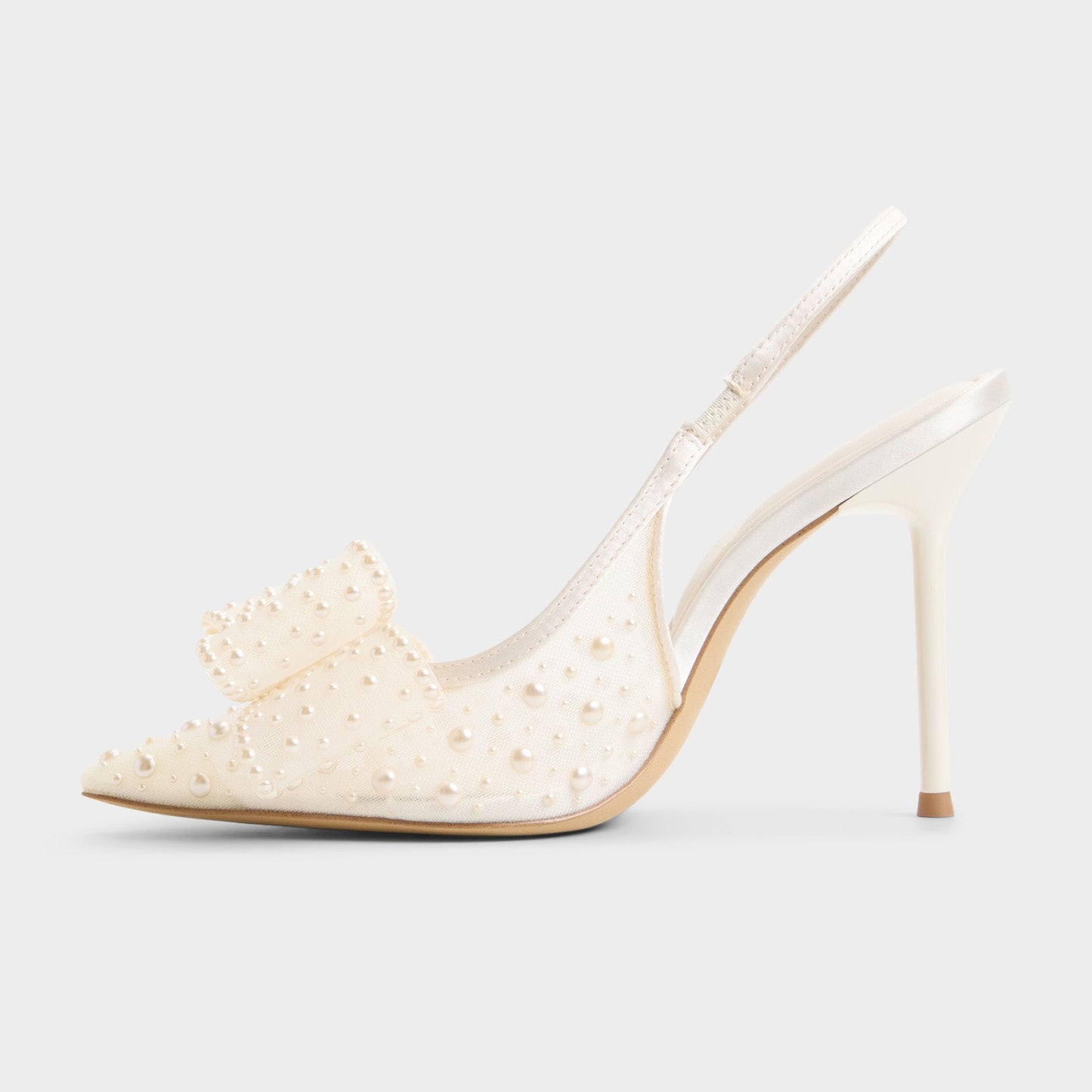 Ivory Satin And Mesh Pointed-Toe Full Pearl And Front Bow Slingback High Heels
