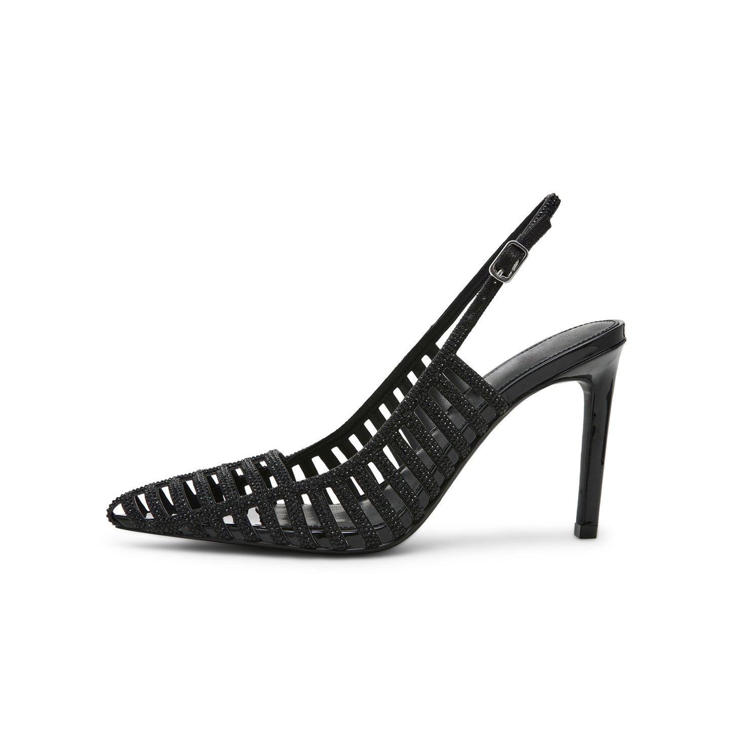 Black Faux Suede Pointed-Toe Rhinestones Strappy And Slingback Kitten Heels