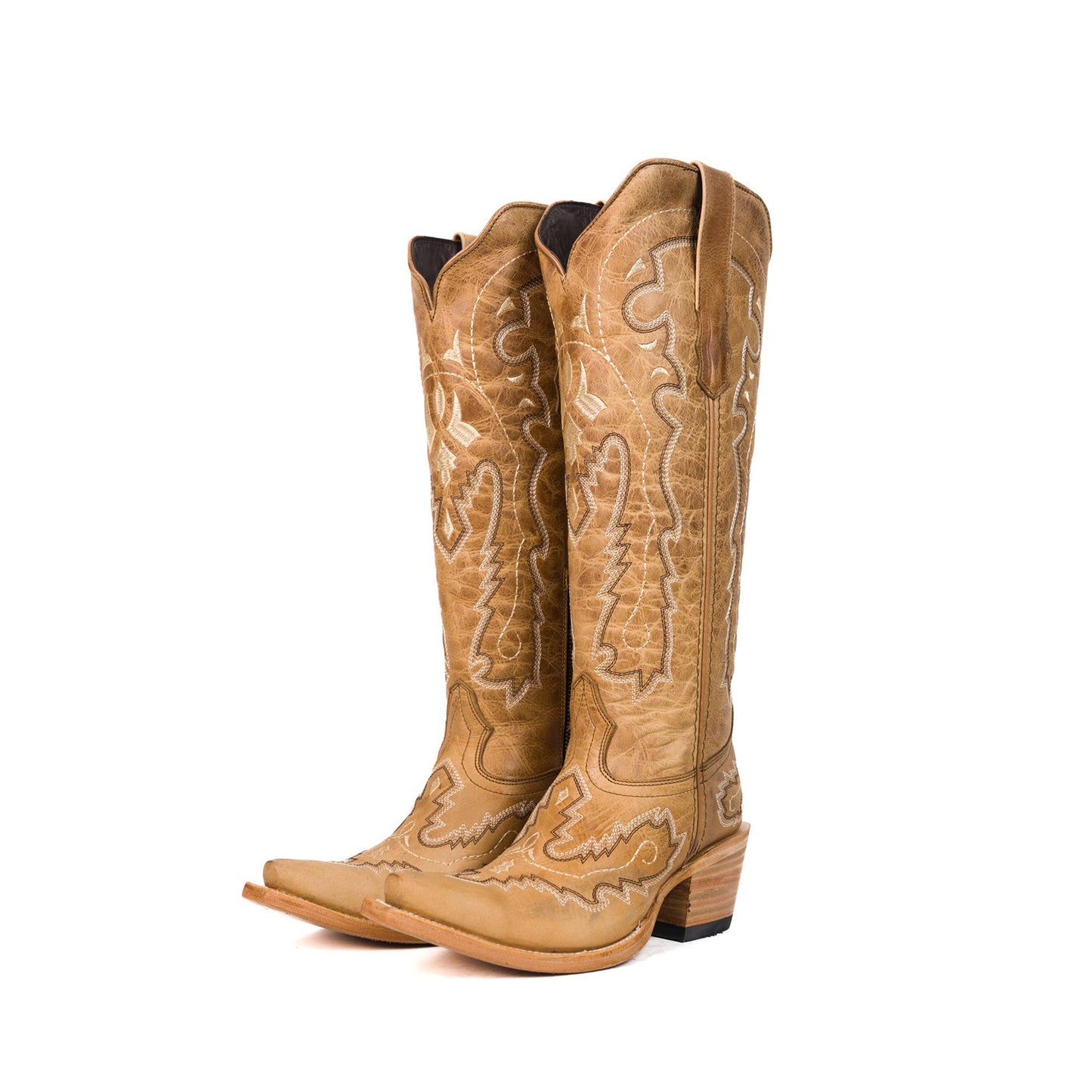 Tan Snip-Toe Stylish Embroidery Half-Zip Classic Knee High Cowgirl Boots