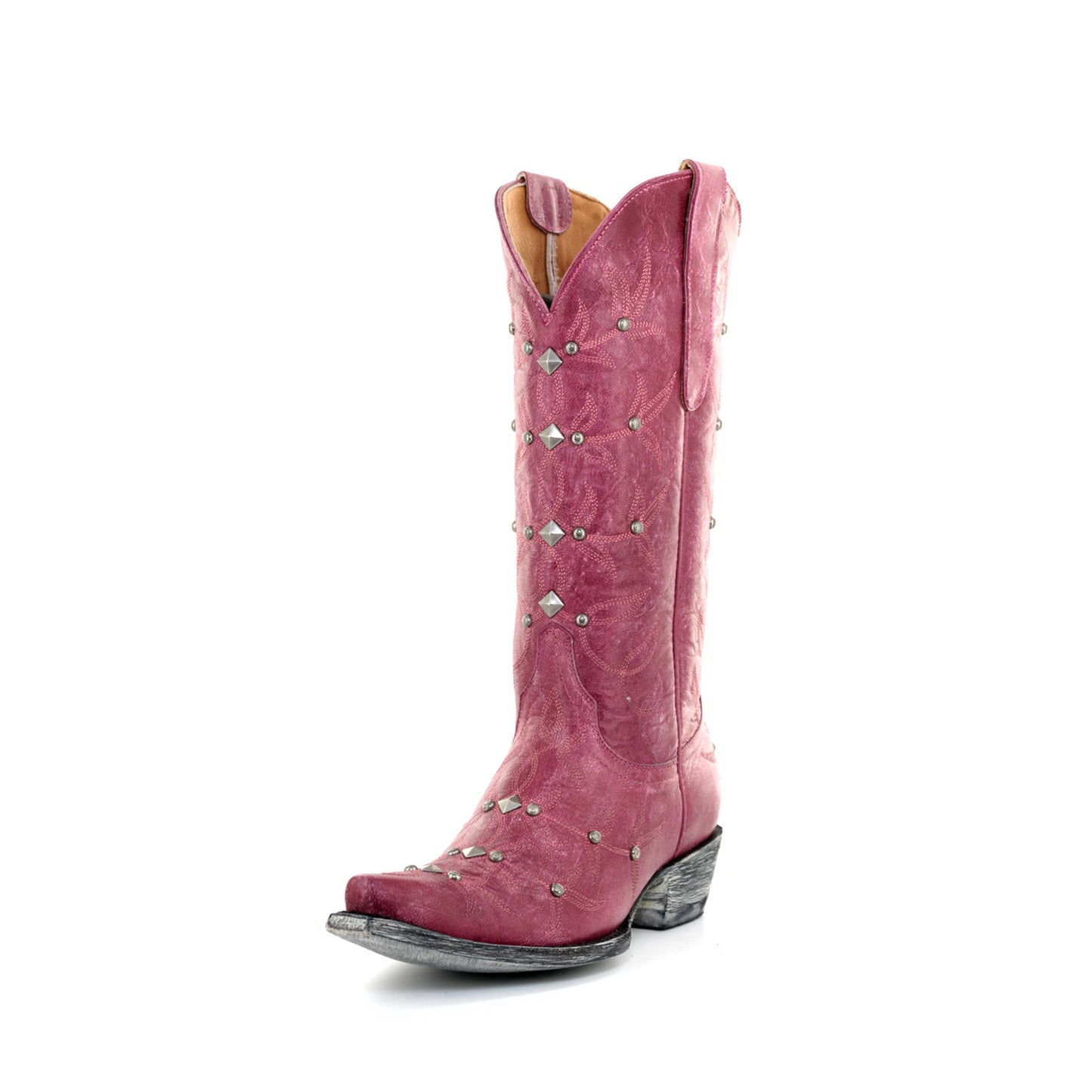 Pink Snip-Toe Studs And Embroidery Mid Calf Chic Cowgirl Boots
