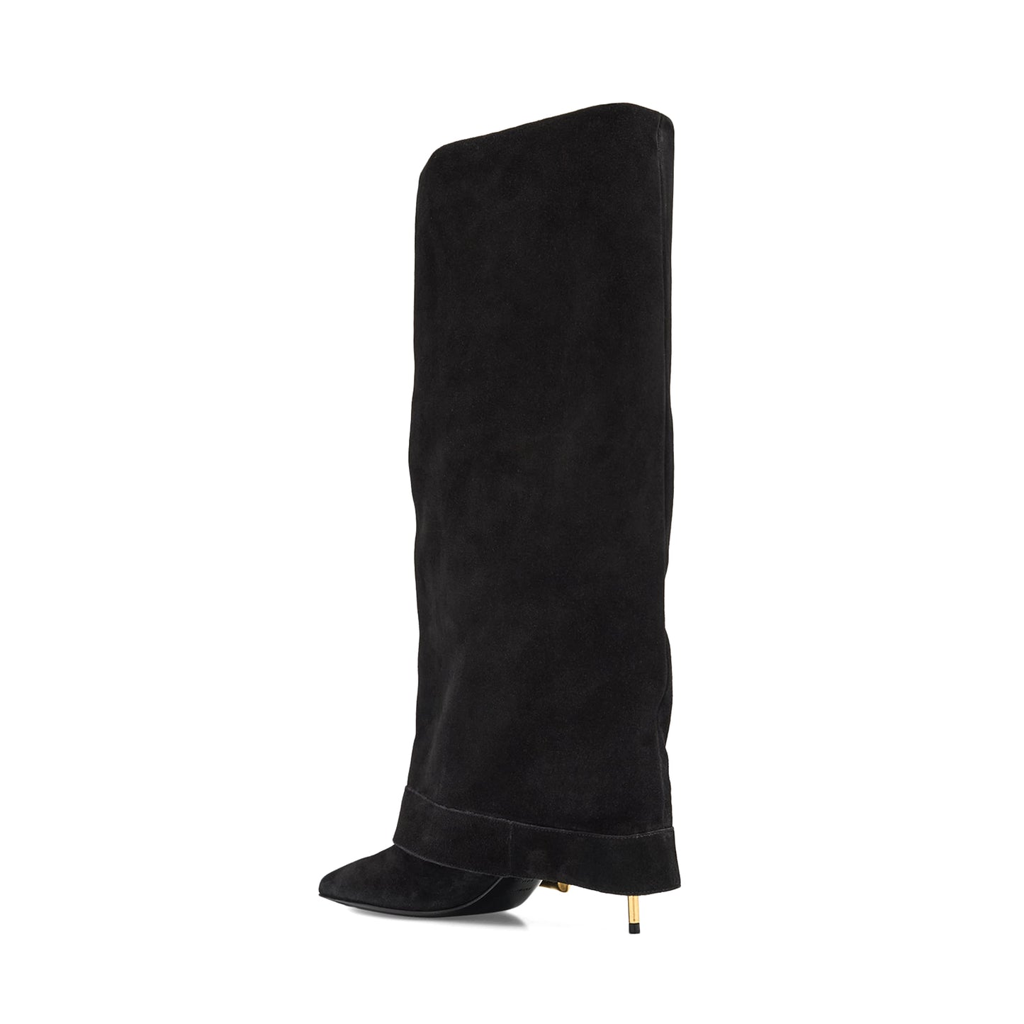 Black Faux Suede Pointed-Toe Buckle Fold-Over Wide Calf Knee High Stiletto Boots
