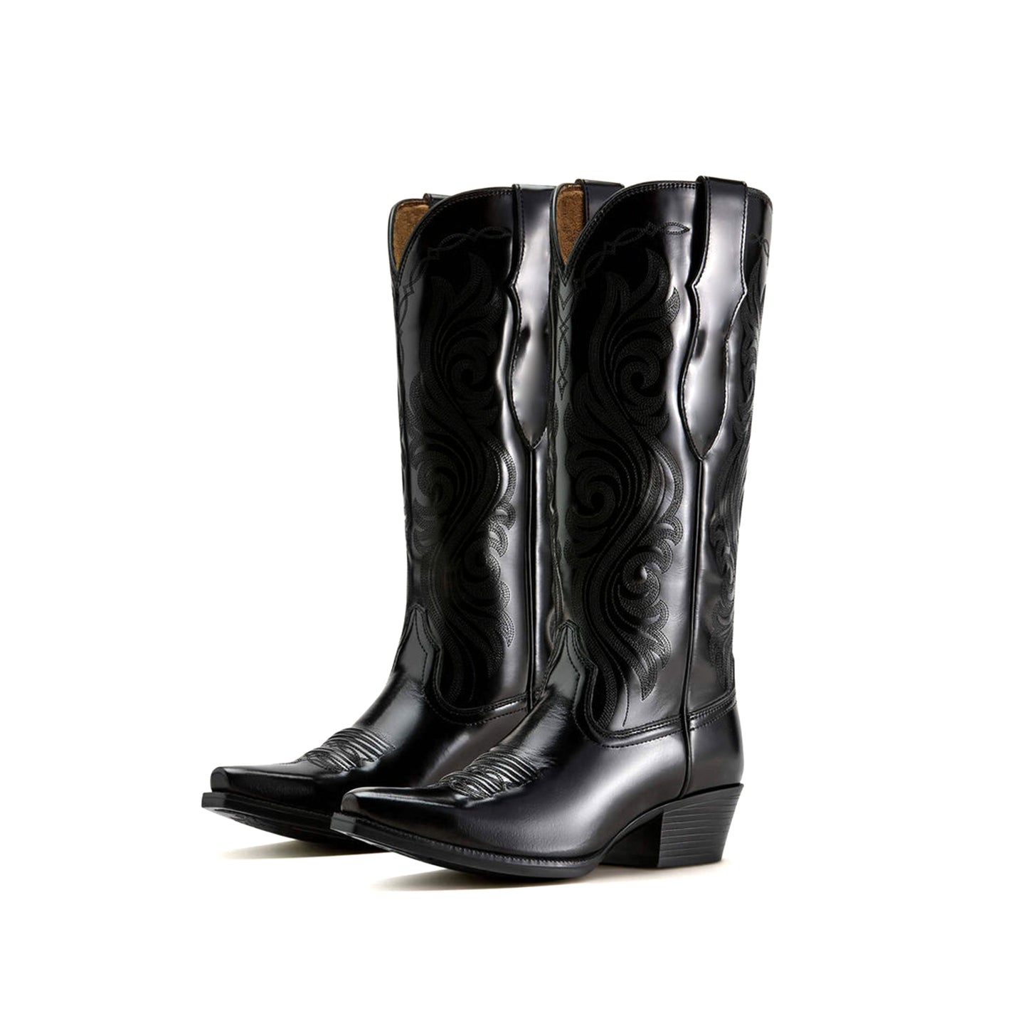 Patent Black Snip-Toe Classic Embroidery Wide Calf Knee High Cowgirl Boots