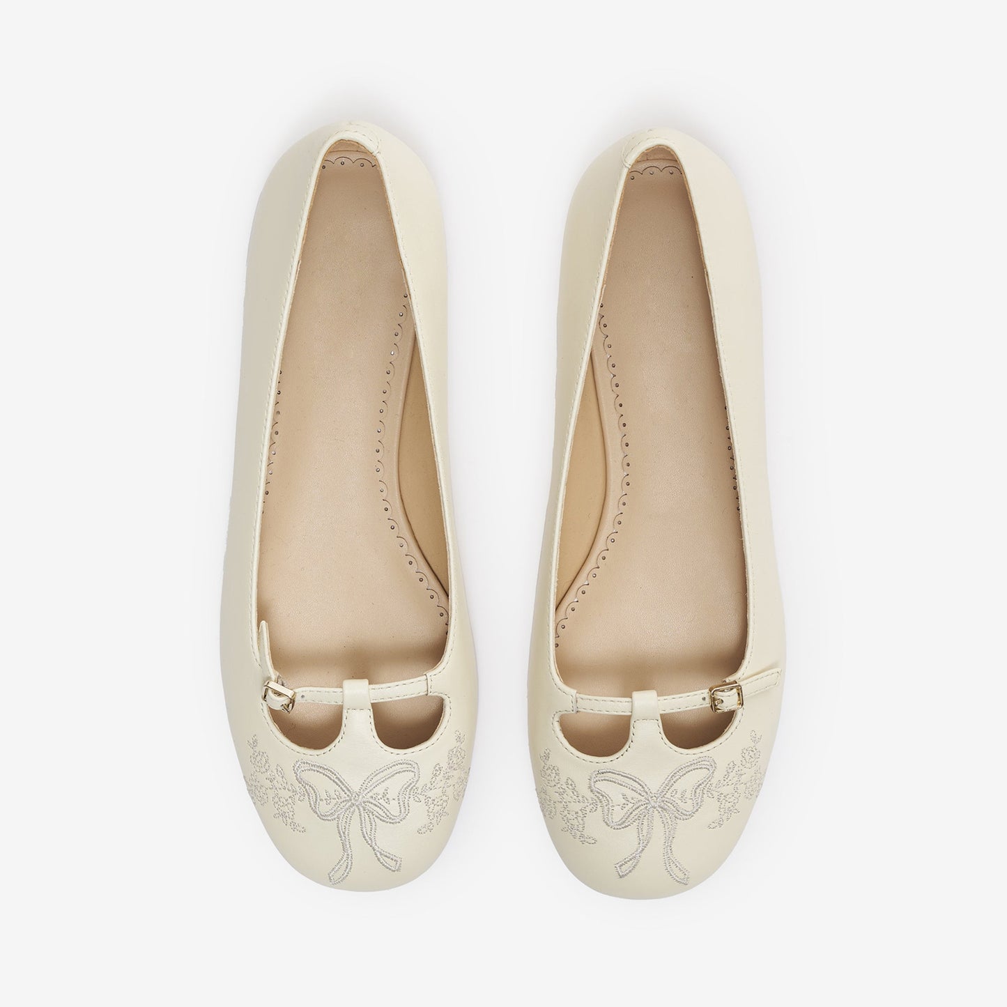 Cream Square-Toe Bow Embroidery Slip-On Ballet Flats