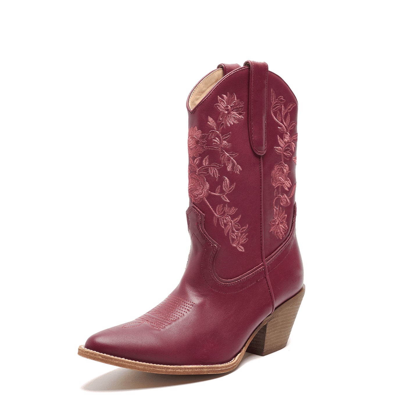 Red Round-Toe Chic Flowers Embroidery Ankle Cowgirl Boots