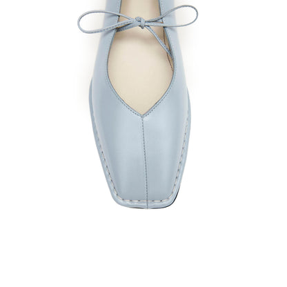 Blue Square-Toe V-Cut Vamps Bridge Self-Tie Bow Ballet Flats