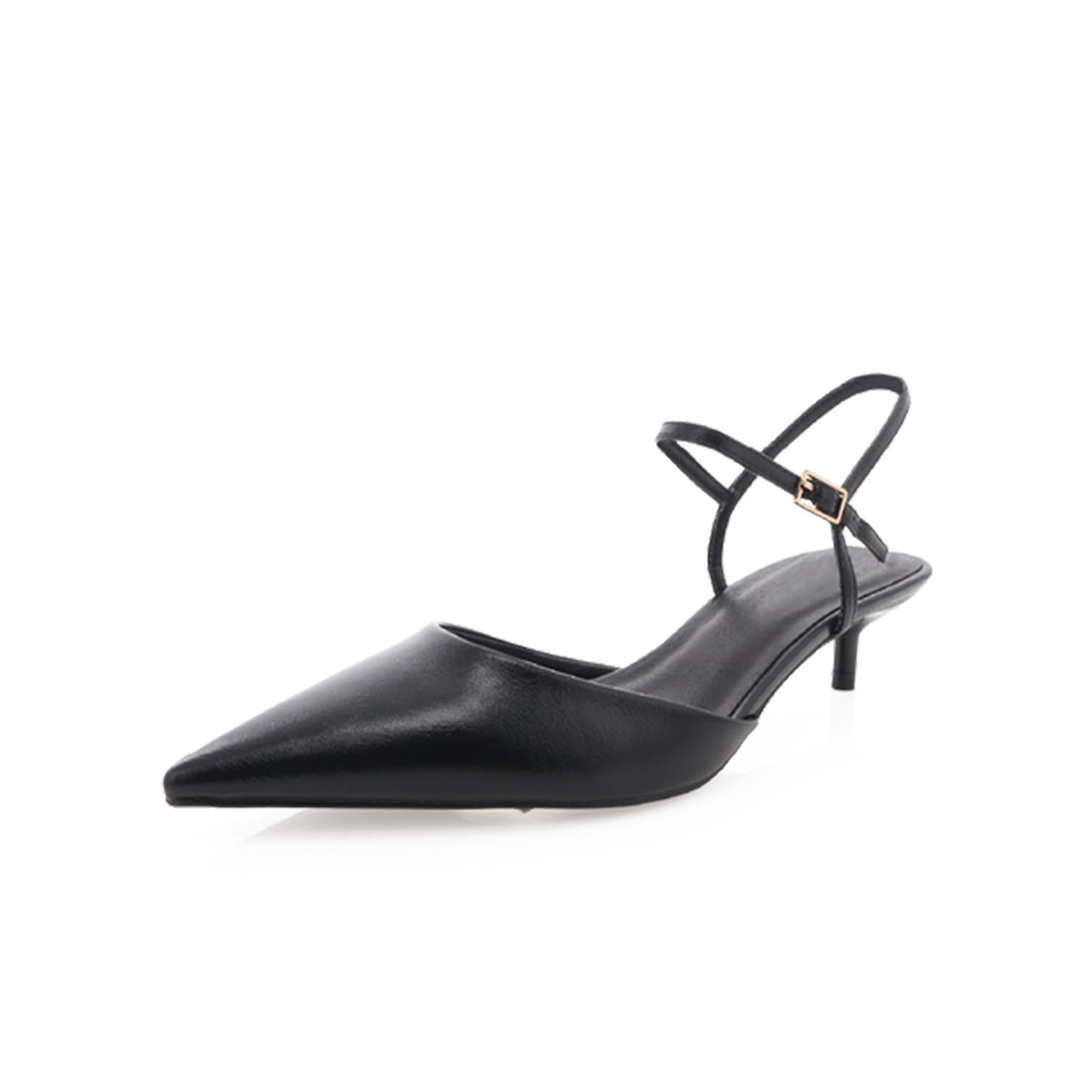 Black Pointed-Toe Adjustable Buckle Ankle Strap Kitten Heels