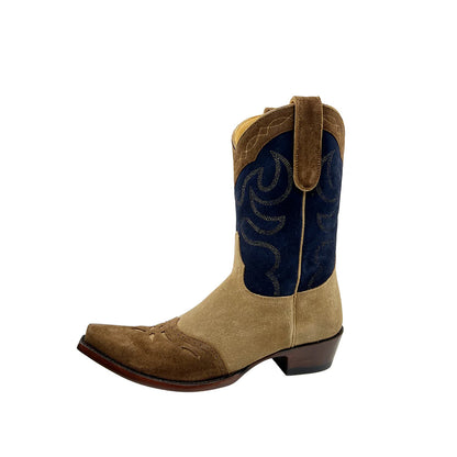 Contrast Tri-Color Faux Suede Snip-Toe Embroidery Mid Calf Cowgirl Boots