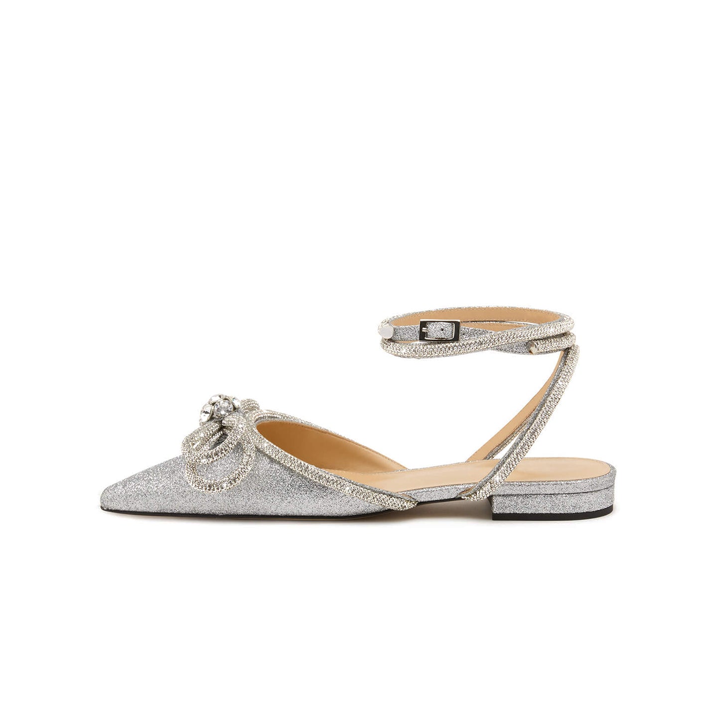 Silver Full Glitter Pointed-Toe Double Bow With Rhinestones Ankle Strap Flats