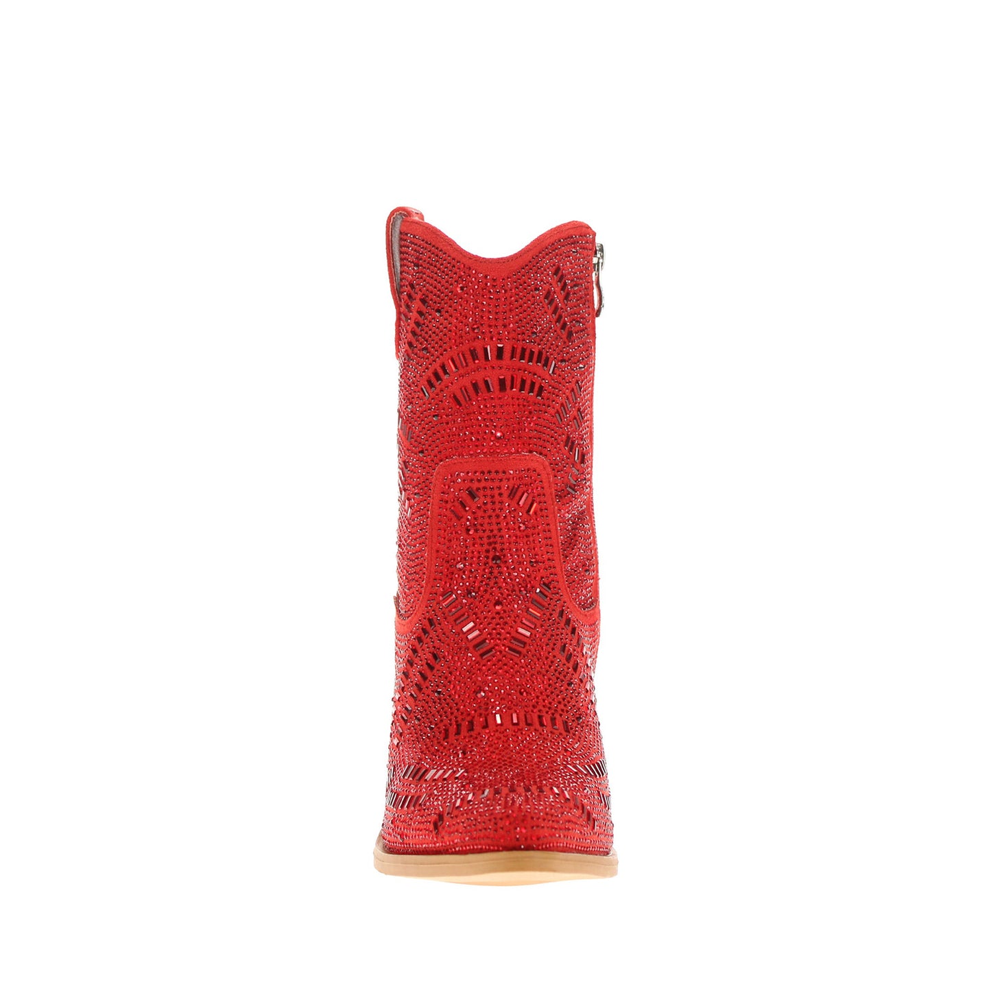 Red Faux Suede Pointed-Toe Full Crystals Full-Zip Ankle Cowgirl Boots