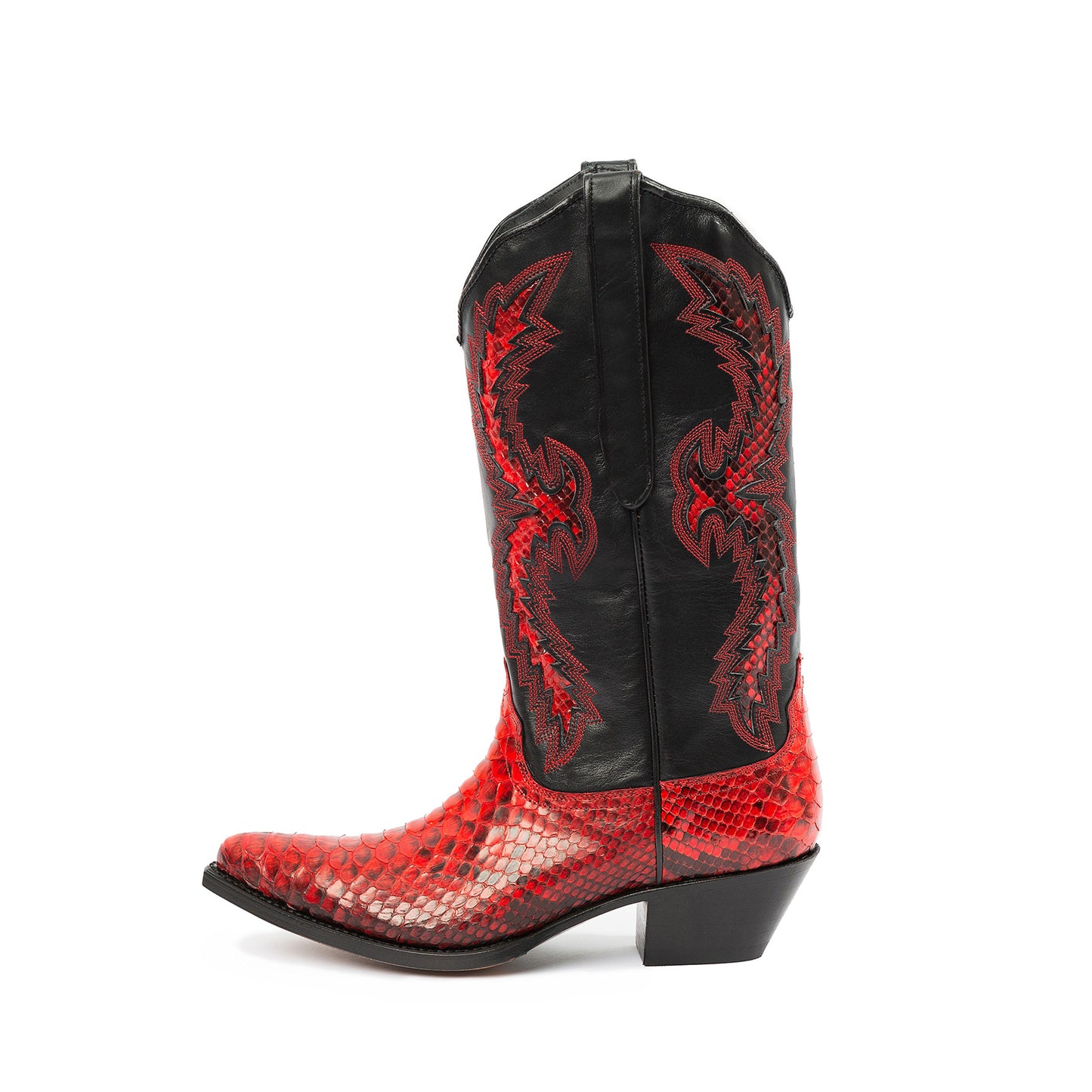 Contrast Snakeskin Print And Black Vegan Leather Snip-Toe Embroidery And Inlay Mid Calf Cowgirl Boots