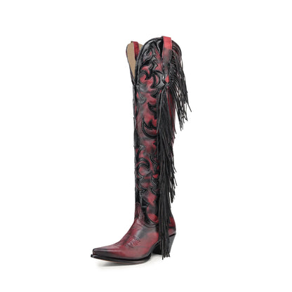 Contrast Black And Brown Pointed-Toe Embroidery Half-Zip Fringe Knee High Cowgirl Boots