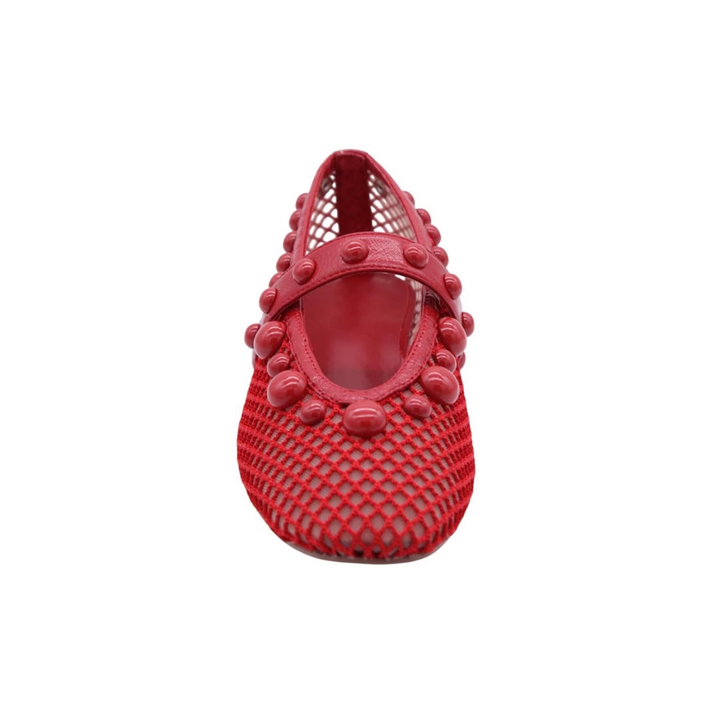 Red Mesh Square-Toe Studs And Mary Jane Ballet Flats
