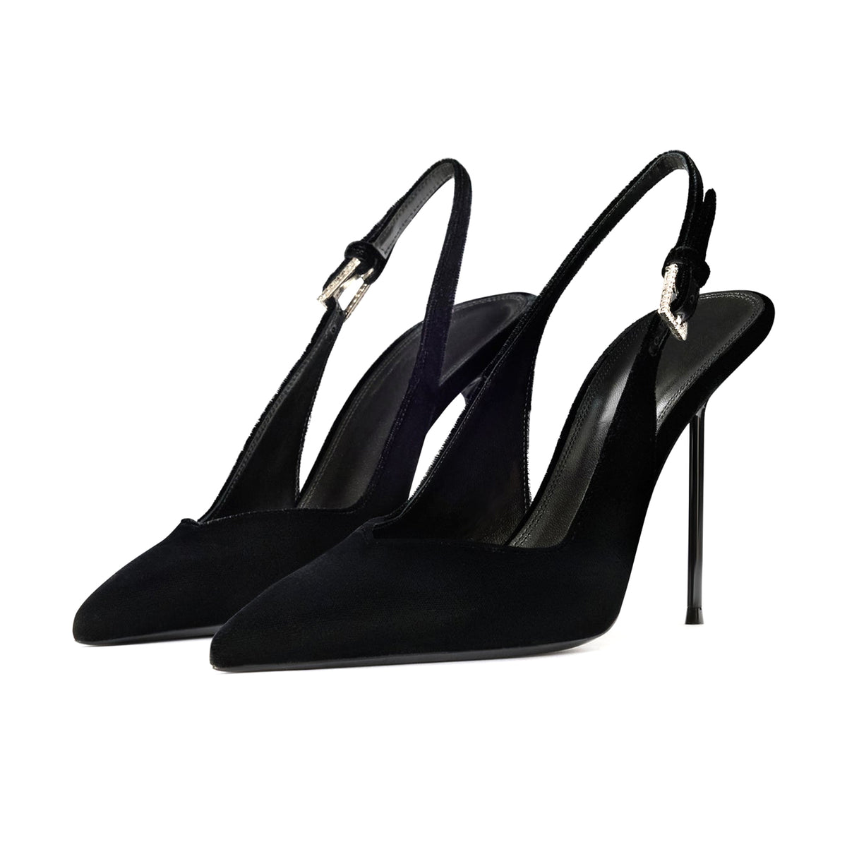 Black Faux Suede Pointed-Toe Classic Buckle Back Strap Pumps High Heels