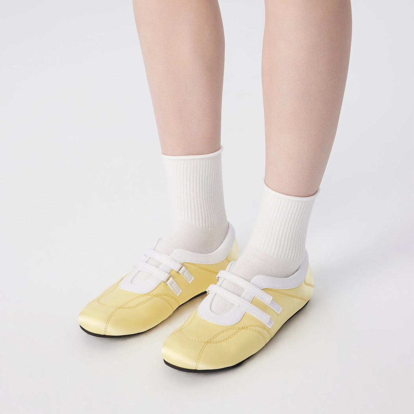 Yellow Satin And Vegan Leather Round-Toe Adjustable Strap Sneakers