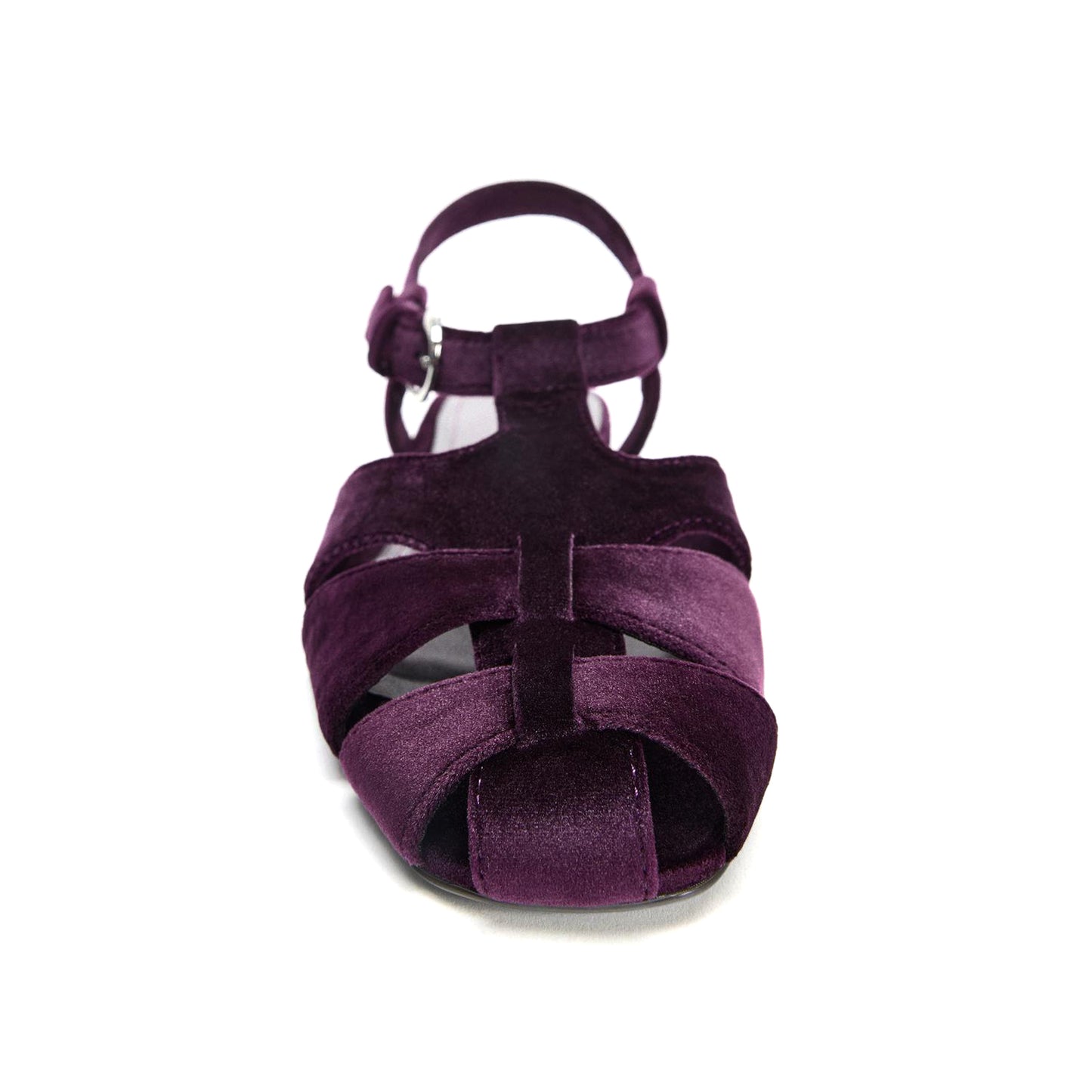 Purple Velvet Square-Toe Caged Detail Buckle Strap Sandals Flats