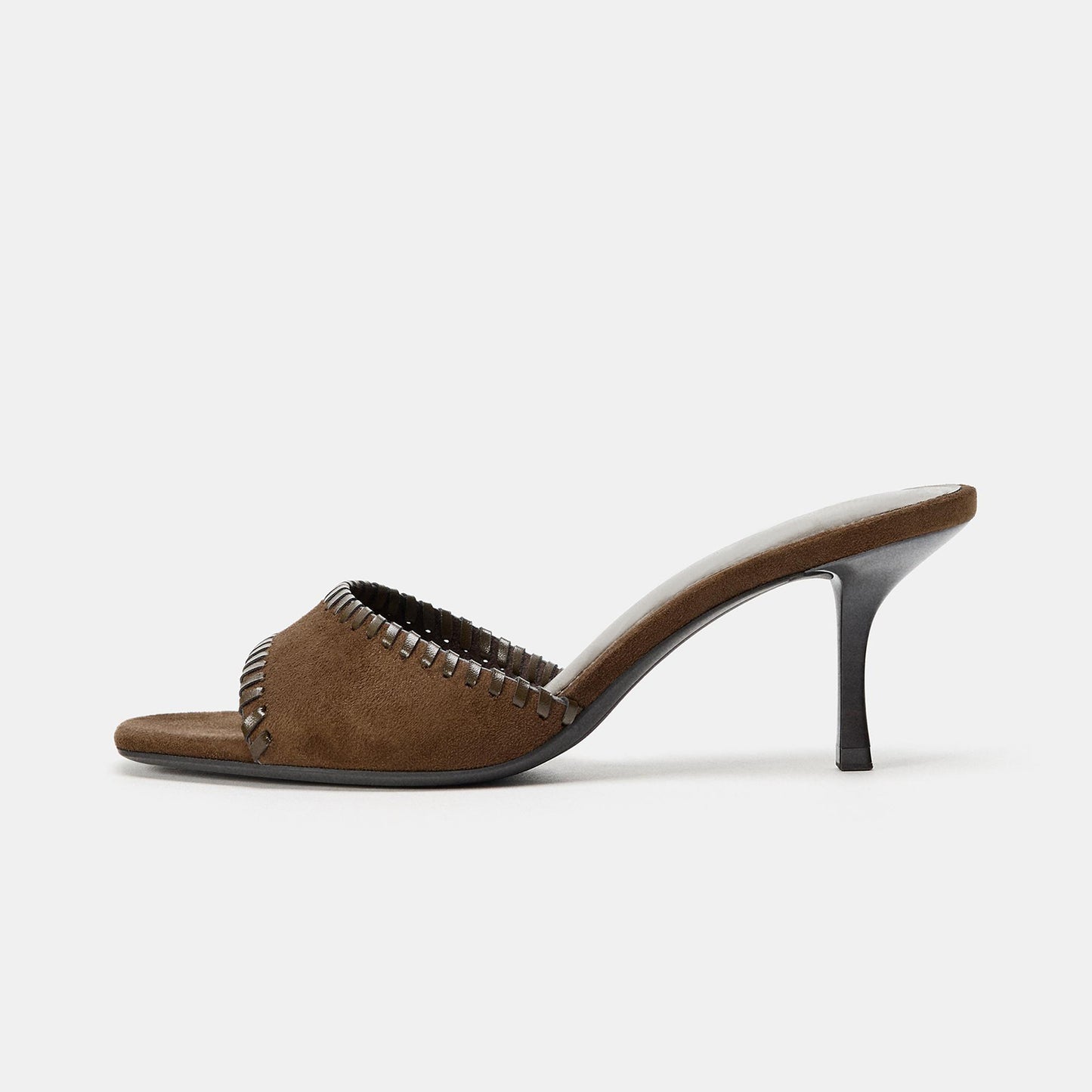 Brown Faux Suede Square-Toe Front Strap With Topstitch Backless High Heels