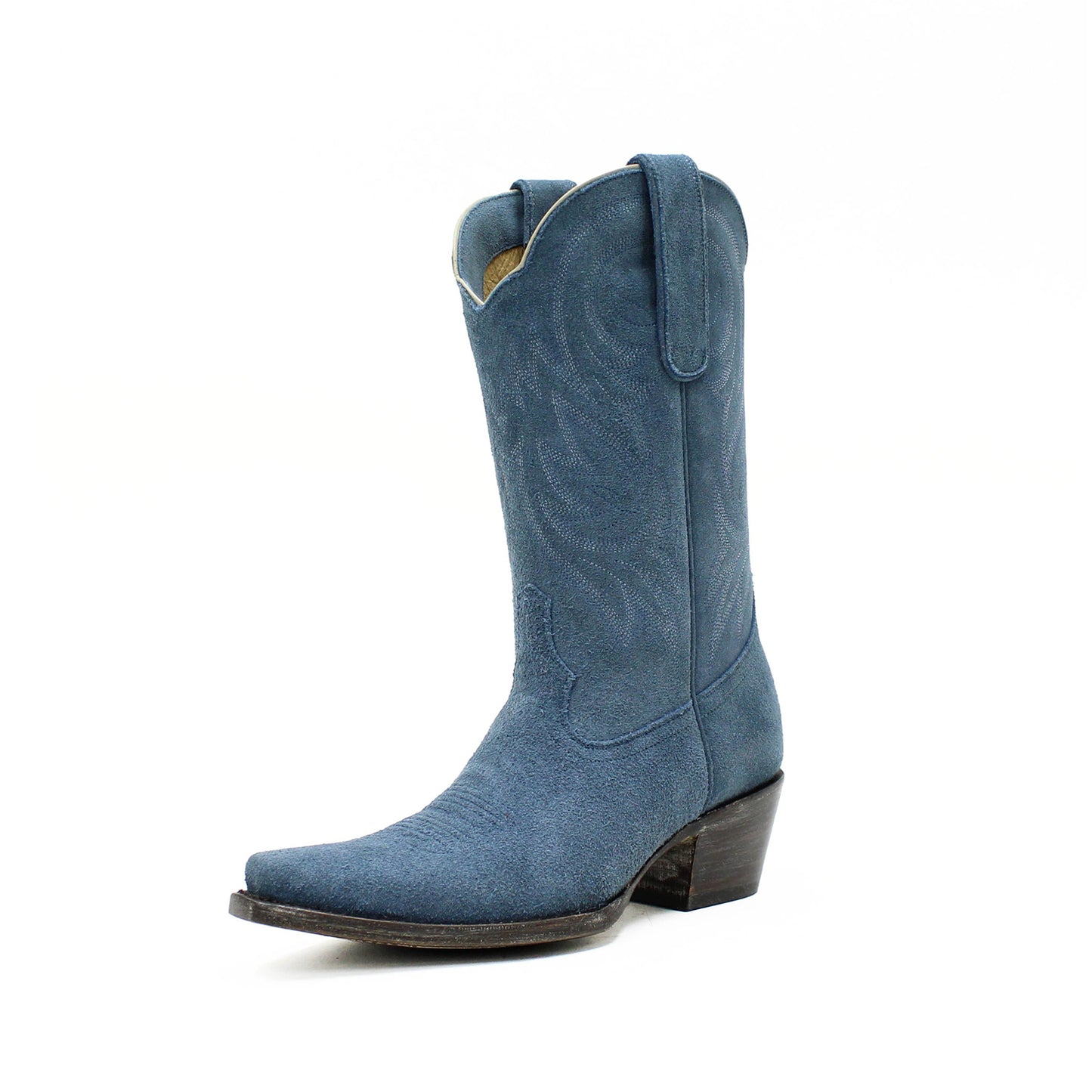 Blue Faux Suede Snip-Toe Western Embroidery Mid Calf Cowgirl Boots