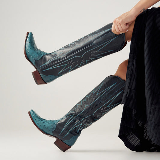 Azure Contrast Vegan Leather And Ostrich Print Snip-Toe Embroidery Wide Calf Knee High Cowgirl Boots