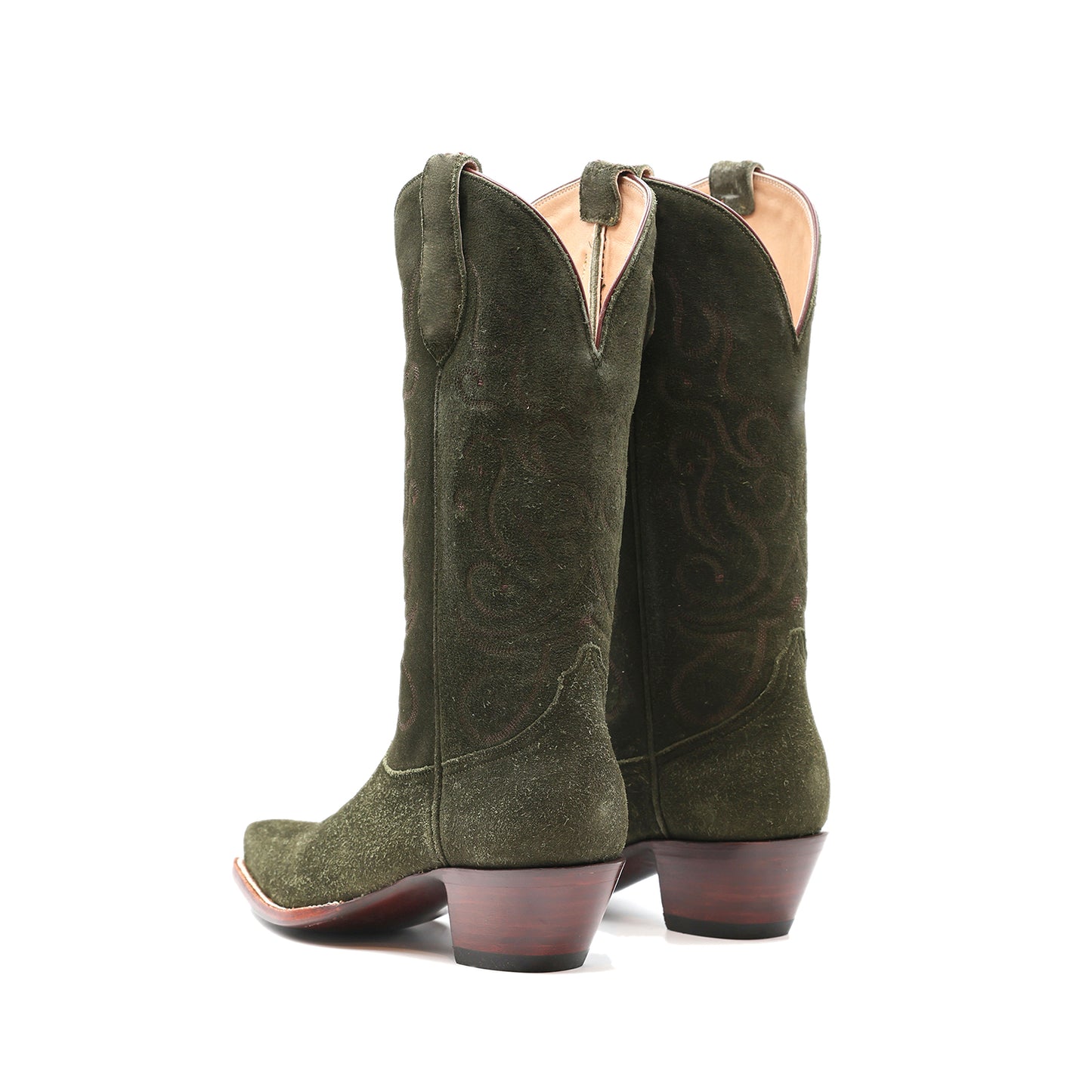 Green Faux Suede Snip-Toe Chic Embroidery Mid Calf Cowgirl Boots