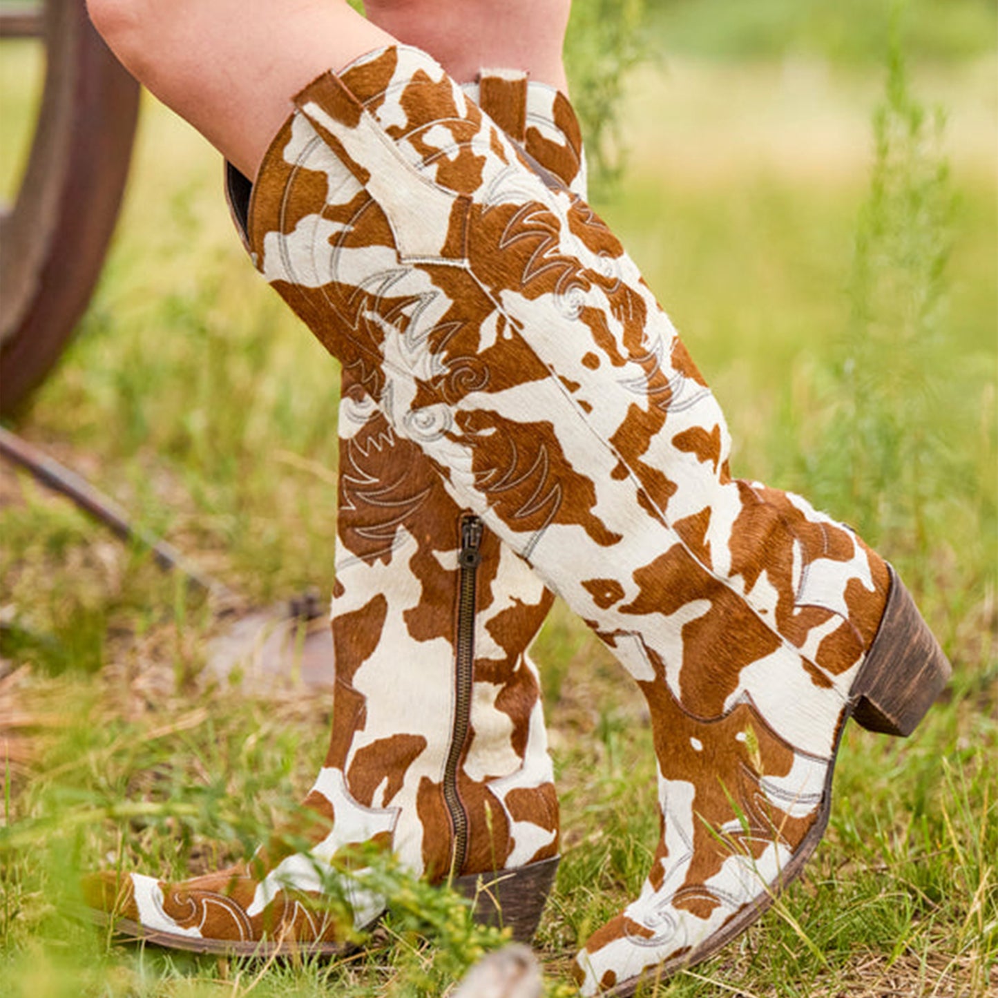 Classic Cow Pattern Almond-Toe Embroidery Half-Zip Knee High Cowgirl Boots