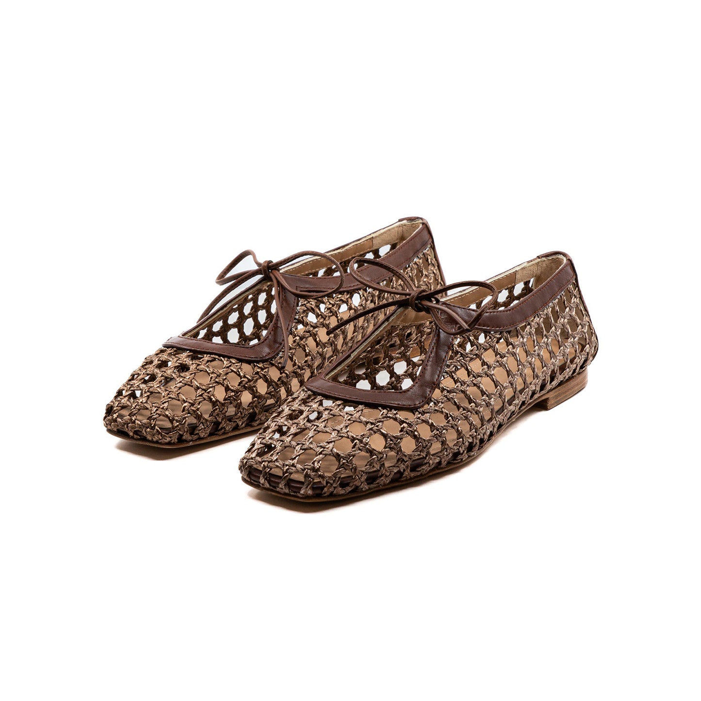 Brown Woven Vegan Leather Square-Toe Vamp Strap With Bow Ballet Flats